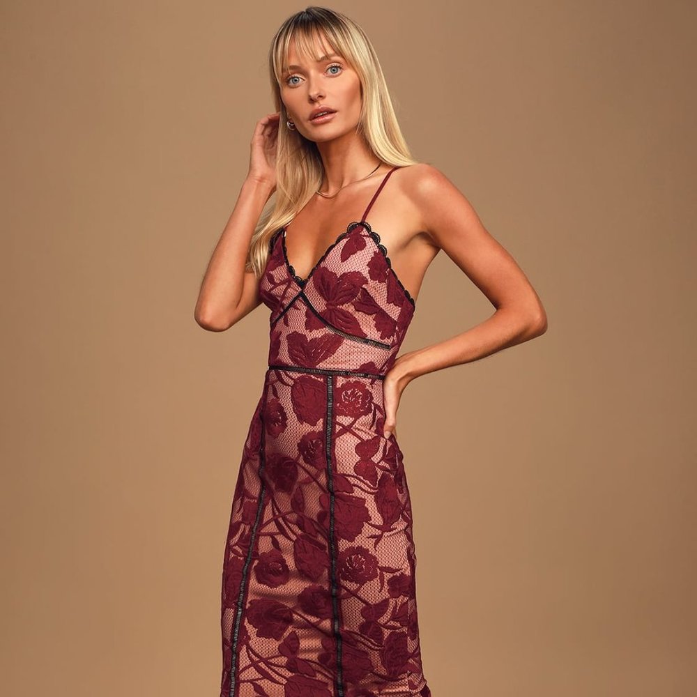 Lulu's Alluring Dream Burgundy Floral Mesh Lace Trumpet Midi Dress